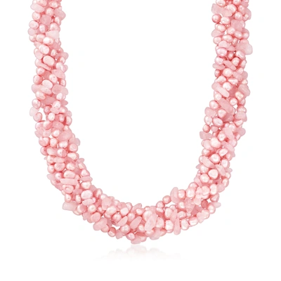 Ross-simons 5-6mm Pink Cultured Baroque Pearl And Rose Quartz Torsade Necklace With Sterling Silver