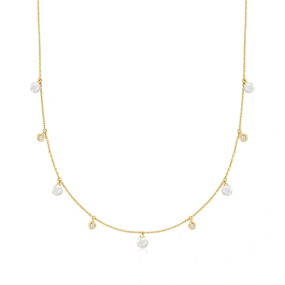 Rs Pure Ross-simons 4.5-5mm Cultured Pearl And . Diamond Station Necklace In 14kt Yellow Gold In White