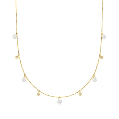 Rs Pure Ross-simons 4.5-5mm Cultured Pearl And . Diamond Station Necklace In 14kt Yellow Gold In Multi
