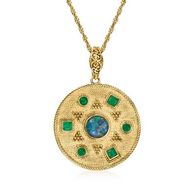Ross-simons Black Opal And Green Agate Sun Medallion Pendant Necklace In 18kt Gold Over Sterling