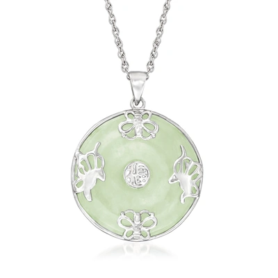 Ross-simons Jade "good Fortune" Butterfly Pendant Necklace In Sterling Silver In Green