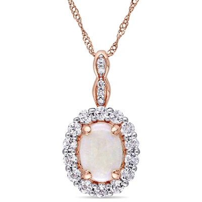 MIMI & MAX 1 1/2 CT TGW OVAL SHAPE OPAL, WHITE TOPAZ AND DIAMOND ACCENT VINTAGE PENDANT WITH CHAIN IN 14K ROSE 