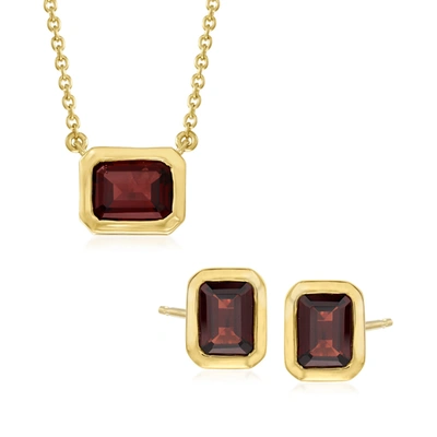 Ross-simons Garnet Jewelry Set: Emerald-cut Earrings And Necklace In 18kt Gold Over Sterling In Red