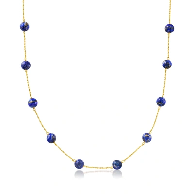 Ross-simons 8mm Blue Lapis Bead Station Necklace In 14kt Yellow Gold