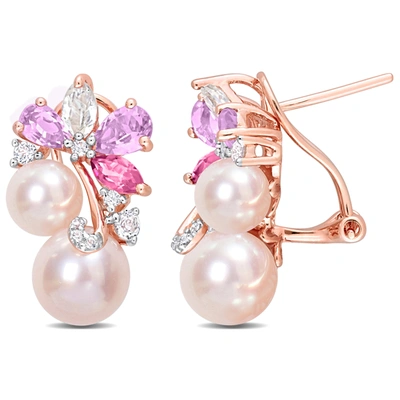 Mimi & Max Women's Pink Cultured Freshwater Pearl & 2 1/2ct Tgw Rose De France And Topaz Earrings In 18k Rose P In Silver