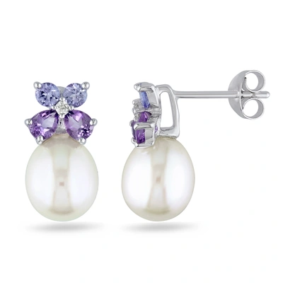 Mimi & Max 8-8.5 Mm White Cultured Freshwater Pearl, Diamond, Tanzanite And Amethyst Stud Earrings In Sterling In Silver