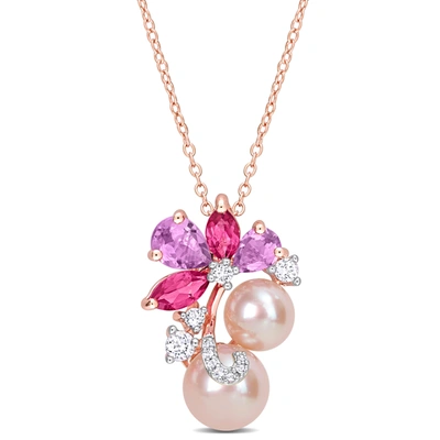 Mimi & Max Women's Pink Cultured Freshwater Pearl & 2 1/3ct Tgw Rose De France And Topaz Pendant W/ Chain In 18