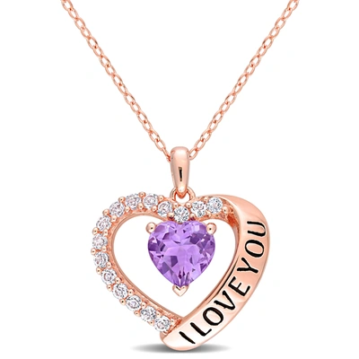 Mimi & Max 1 5/8 Ct Tgw Amethyst And White Topaz Heart 'i Love You' Pendant With Chain In Rose Plated Sterling In Purple