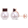 Mimi & Max 9-9.5mm Cultured Freshwater Pearl And 4/5 Ct Tgw Garnet Stud Earrings In 10k Rose Gold In Silver