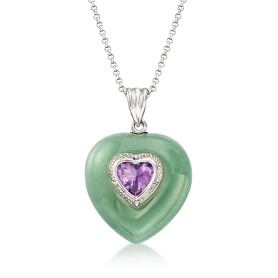 Ross-simons Jade And Amethyst Heart Pendant Necklace In Sterling Silver In Green