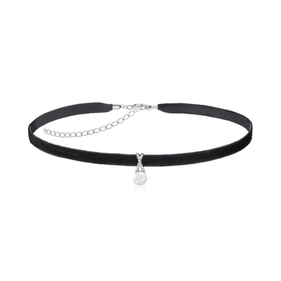 Ross-simons 7-7.5mm Cultured Pearl And Diamond-accented Pendant Choker Necklace With Black Velvet Cord And Sterl In White
