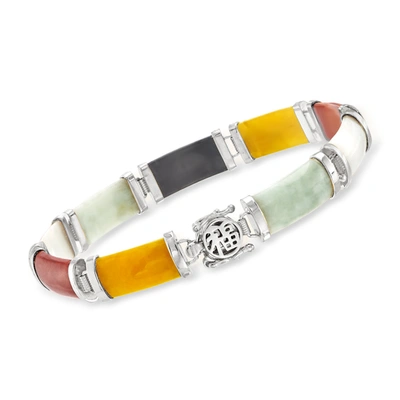 Ross-simons Multicolored Jade "good Fortune" Bracelet In Sterling Silver