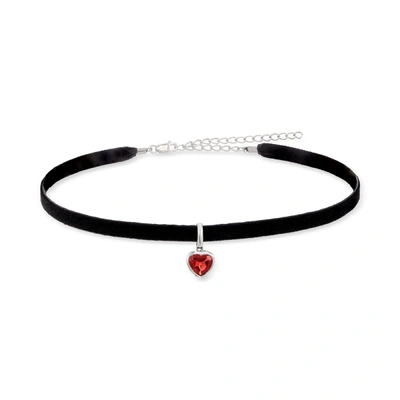 Ross-simons Garnet Heart And Black Velvet Choker Necklace In Sterling Silver
