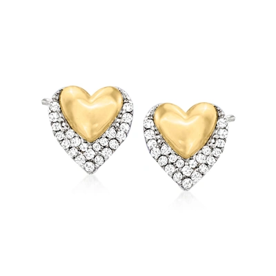 Rs Pure Ross-simons Diamond Double-heart Stud Earrings In Sterling Silver And 14kt Yellow Gold