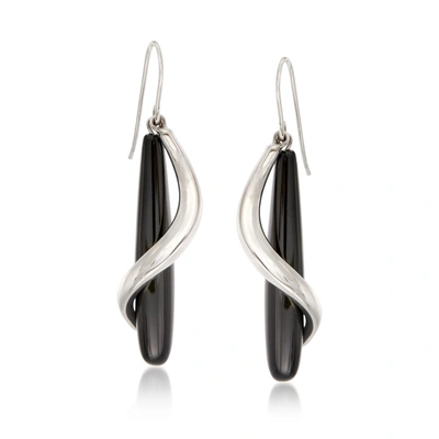 Ross-simons Black Onyx Teardrop And Sterling Silver Spiral Drop Earrings In White