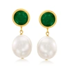 Ross-simons 9.5-10mm Cultured Pearl And Emerald Drop Earrings In 14kt Yellow Gold In Green