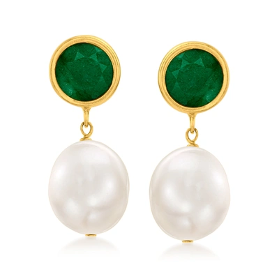 Ross-simons 9.5-10mm Cultured Pearl And Emerald Drop Earrings In 14kt Yellow Gold In Green