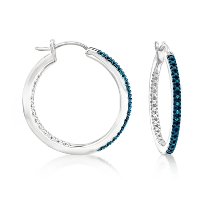 Ross-simons White And Blue Diamond Inside-outside Hoop Earrings In Sterling Silver