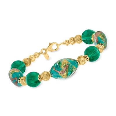 Ross-simons Italian Green And Gold-toned Murano Glass Bead Bracelet In 18kt Gold Over Sterling