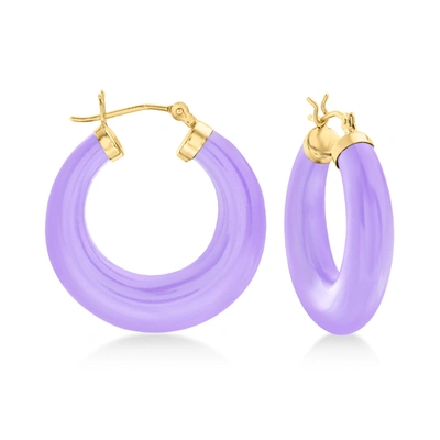Ross-simons Lavender Jade Hoop Earrings With 14kt Yellow Gold In Purple