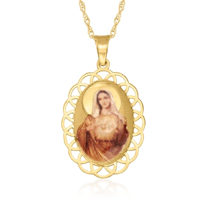 Ross-simons 14kt Yellow Gold Immaculate Heart Of Mary Pendant Necklace With Multicolored Enamel In Pink