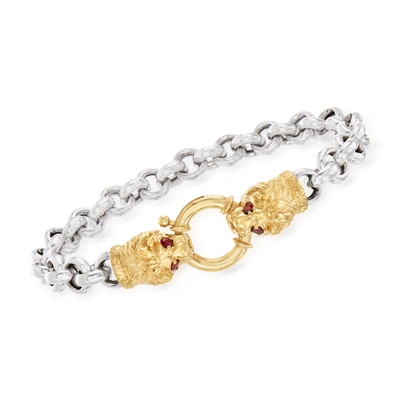 Ross-simons Garnet Double Lion Head Bracelet In 2-tone Sterling Silver