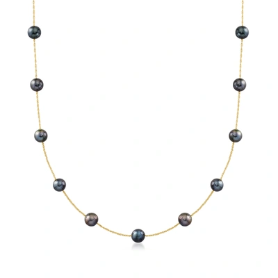 Ross-simons 6-6.5mm Black Cultured Pearl Station Necklace In 14kt Yellow Gold
