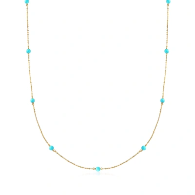 Ross-simons Italian 4mm Turquoise Station Necklace In 14kt Yellow Gold In Blue