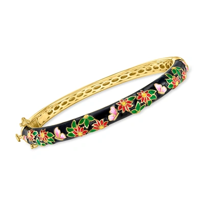 Ross-simons Multicolored Enamel Flower Bangle Bracelet In 18kt Gold Over Sterling In Green