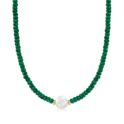 Ross-simons 11.5-12.5mm Cultured Pearl And Emerald Bead Necklace With 14kt Yellow Gold In Green