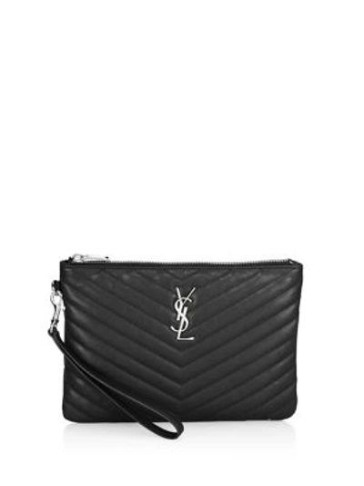 Saint Laurent Medium Monogram Silvertone Pouch In Black