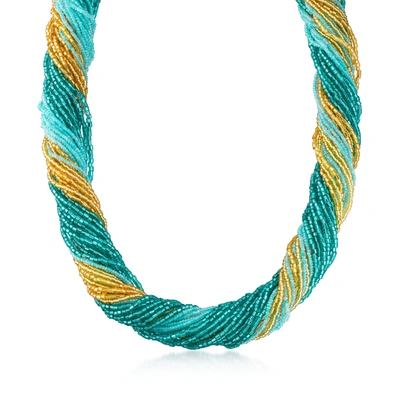 Ross-simons Italian Aqua And Gold Murano Glass Bead Torsade Necklace With 18kt Gold Over Sterling In Multi
