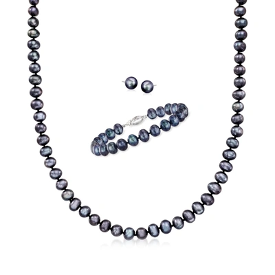 Ross-simons 7-7.5mm Black Cultured Pearl Jewelry Set: Necklace, Bracelet And Stud Earrings With Sterling Silver In Blue