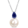 Mimi & Max 8.5-9 Mm White Freshwater Cultured Pearl And 5/8 Ct Tgw Created Blue Sapphire Solitaire Pendant With In Blue