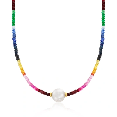 Ross-simons 11.5-12.5mm Cultured Pearl And Multicolored Sapphire Bead Necklace With 14kt Yellow Gold