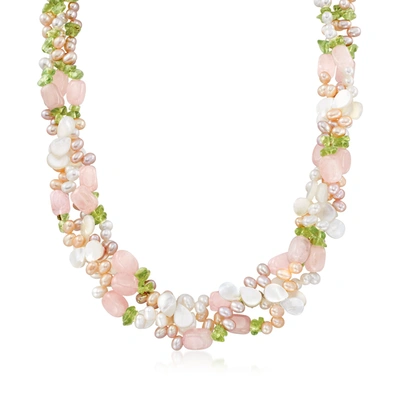 Ross-simons 4-5mm Multicolored Cultured Pearl And Multi-stone Torsade Necklace With Sterling Silver In Pink
