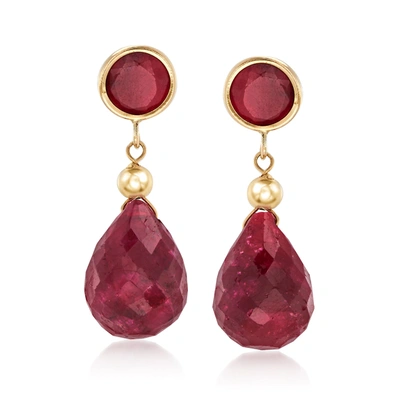 Ross-simons Ruby Drop Earrings In 14kt Yellow Gold In Red