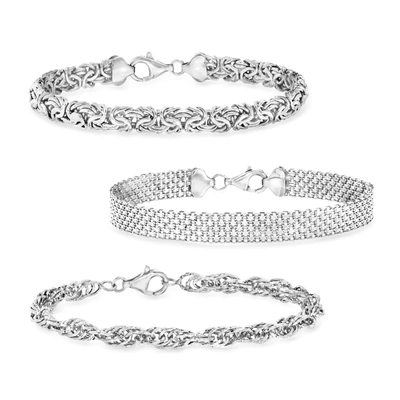 Ross-simons Sterling Silver Jewelry Set: 3 Link Bracelets In Multi
