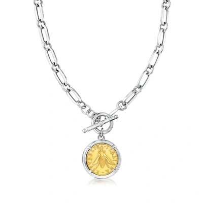 Ross-simons Italian Replica Bee Lira Coin Necklace In Sterling Silver And 18kt Gold Over Sterling