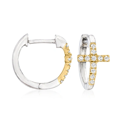 Ross-simons Diamond Cross Huggie Hoop Earrings In Sterling Silver And 14kt Yellow Gold In White