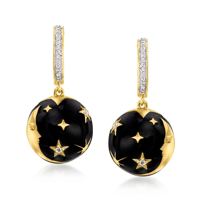 Ross-simons White Topaz And Black Enamel Celestial Drop Earrings In 18kt Gold Over Sterling