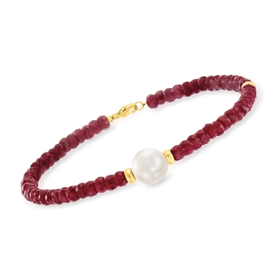 Ross-simons Beaded Ruby Bracelet With 10mm Cultured Pearl In 14kt Yellow Gold In White