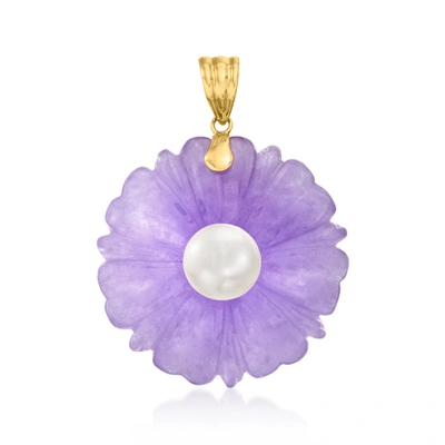 Ross-simons 9mm Cultured Pearl And Lavender Jade Flower Pendant In 14kt Yellow Gold In Purple