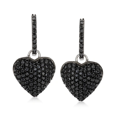 Ross-simons Black Spinel Heart Drop Earrings In Sterling Silver