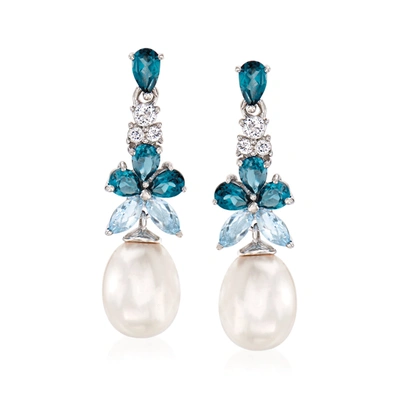 Ross-simons 8.5-9mm Cultured Pearl And Blue And White Topaz Drop Earrings In Sterling Silver