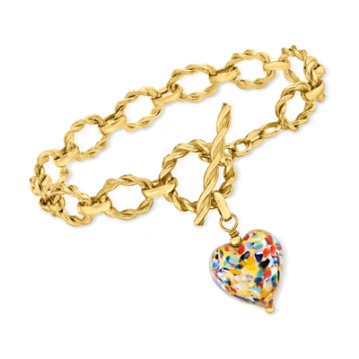 Ross-simons Italian Multicolored Murano Glass Heart Bracelet In 18kt Gold Over Sterling In Blue