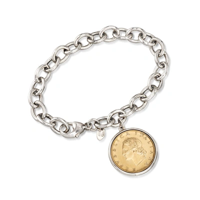 Ross-simons Italian Genuine 20-lira Coin Charm Bracelet In Sterling Silver