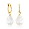Ross-simons 12x10mm Cultured Baroque Pearl Hoop Drop Earrings In 14kt Yellow Gold In White