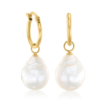 Ross-simons 12x10mm Cultured Baroque Pearl Hoop Drop Earrings In 14kt Yellow Gold In White