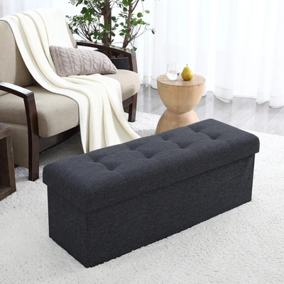 Posh Habitat Foldable Tufted Linen Long Bench Storage Ottoman